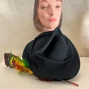 Accessories | Unusual 195s Black Felt Hat With Folded Crown 